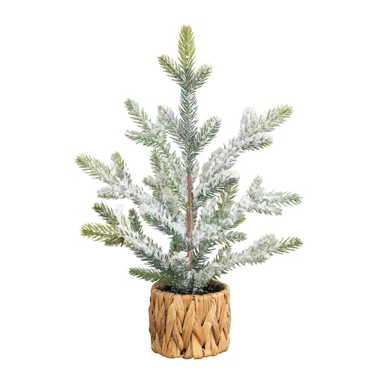 Nearly Natural 14" Unlit Artificial Flocked & Frosted Fir Christmas Tree in Woven Basket